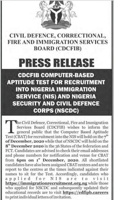 Nis Nscdc Cdfipb Shortlisted Candidates For Computer Based Test See Date